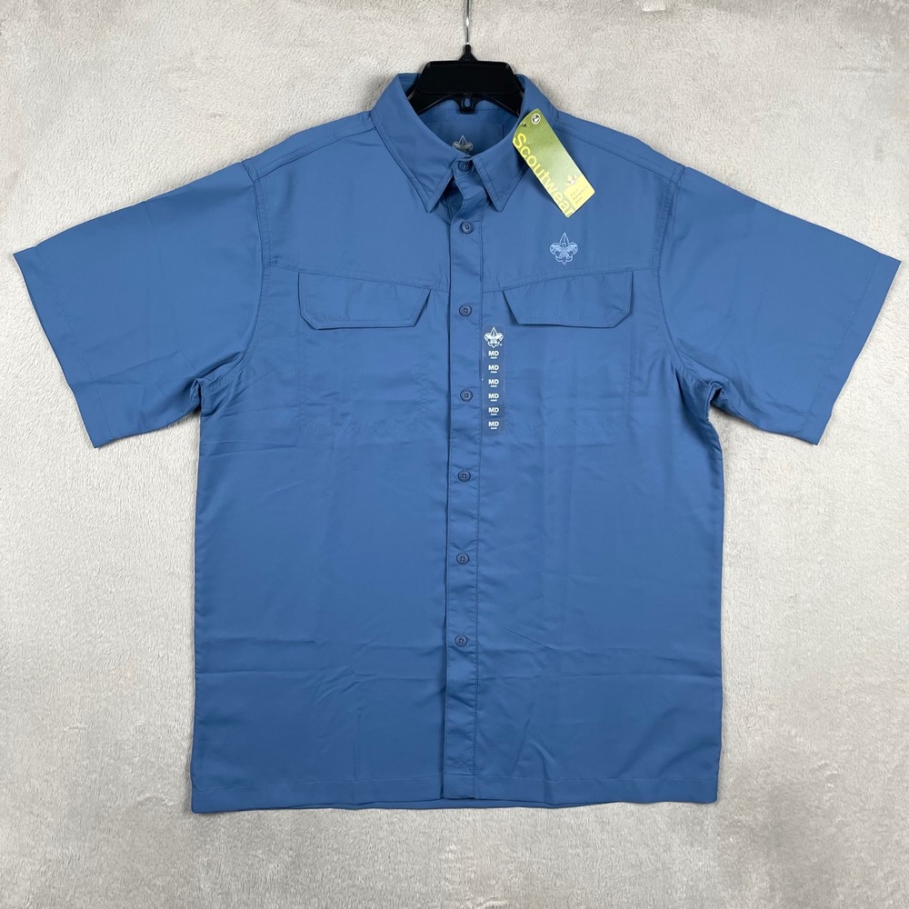 New Boy Scouts Shirt Size Medium Blue Vented Adult Adventure Button Up UPF 40
